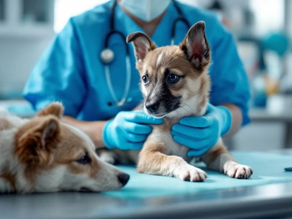 a veterinarian gently examining a small dog's skin on an examination table at a bright, clean pet clinic, soft white light, calm professional mood, over-the-shoulder editorial shot