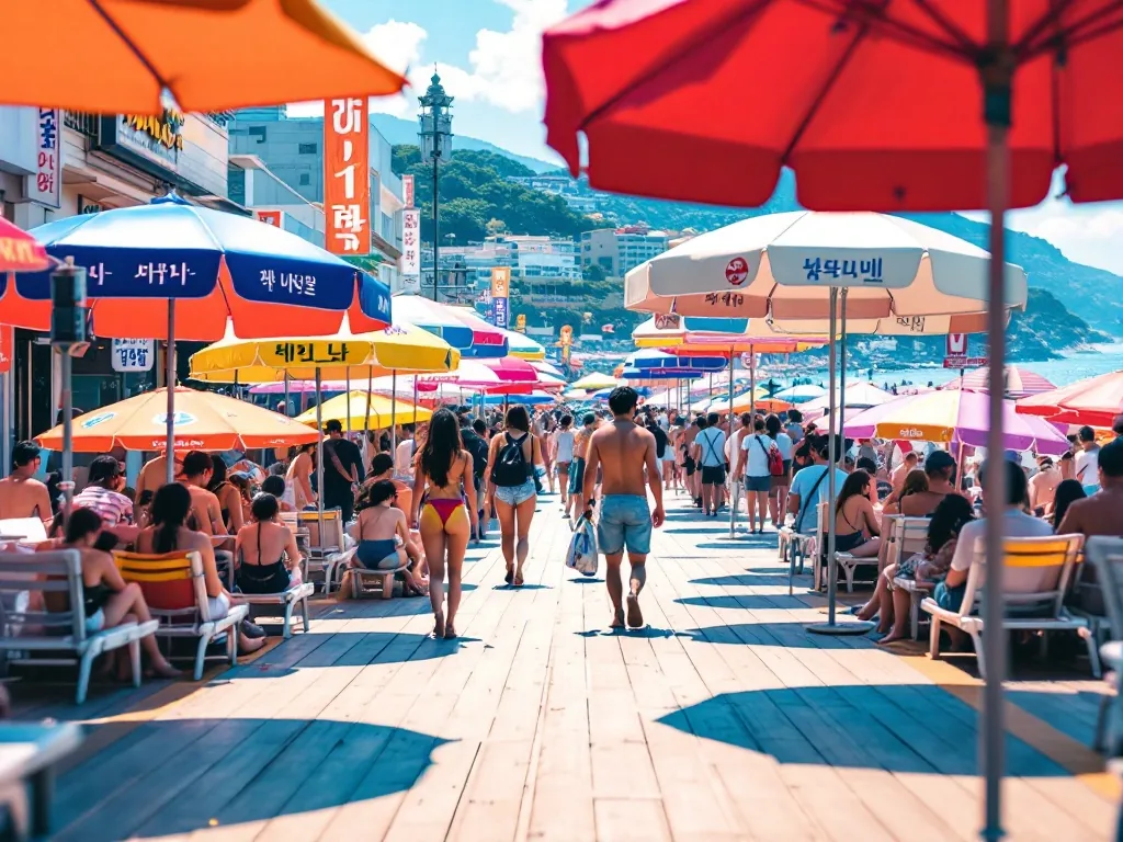 a vibrant beach boardwalk near haeundae busan with summer crowds in the background, sunny afternoon, colorful beach umbrellas, photorealistic