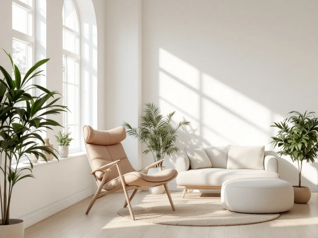 a warm and welcoming dermatology clinic waiting area interior with natural light through windows, clean white walls, plants, calm and reassuring atmosphere, interior editorial photography