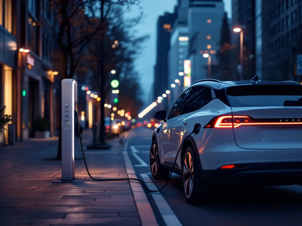 a white electric SUV plugged into a public fast charger on a quiet city street at dusk, faint dashboard warning glow through the windshield, realistic photo, no people