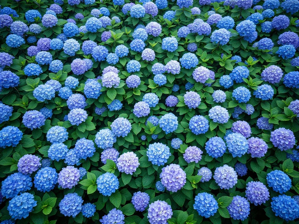 a wide aerial view of a Korean garden filled with blooming blue and purple hydrangeas in early summer, soft overcast light, lush green foliage in between, editorial landscape photography