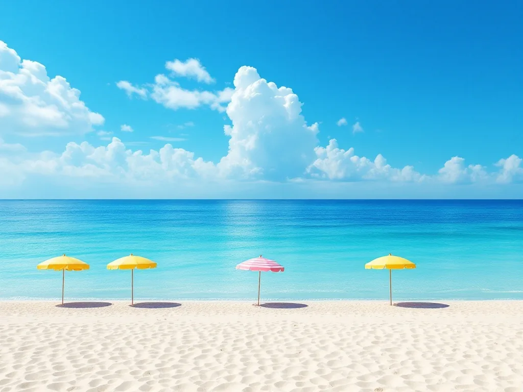 a wide sandy beach in summer with colorful parasols and clear turquoise water under blue sky, korean coast, peaceful morning, photorealistic