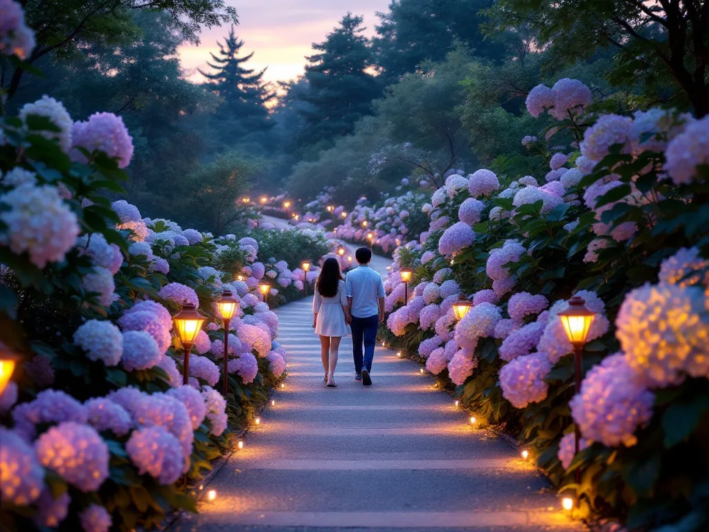 a winding garden path lined with blooming hydrangeas at dusk in a Korean forest park, warm LED lights softly illuminating the flower clusters, a visitor couple walking with backs to camera, magical summer evening atmosphere