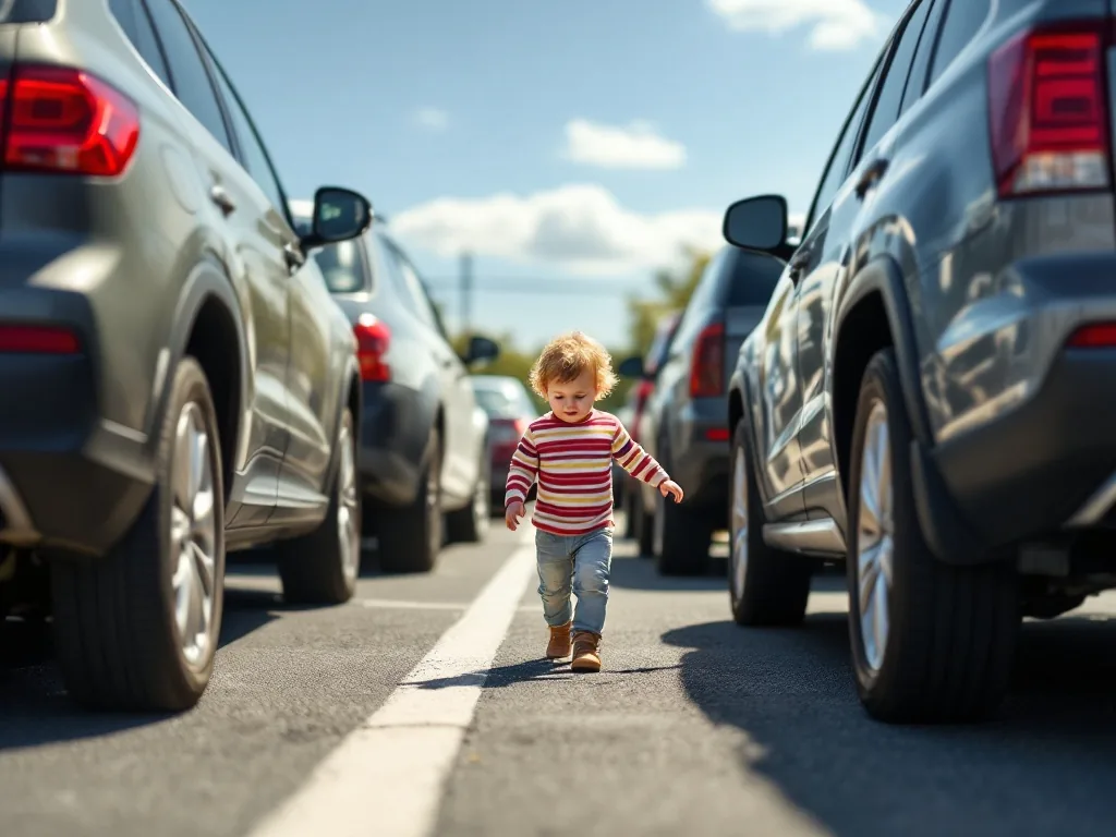 a young child in a striped shirt walking between parked cars in a sunlit open parking lot, small figure dwarfed by large SUVs on both sides, wide angle safety awareness shot, documentary style photography