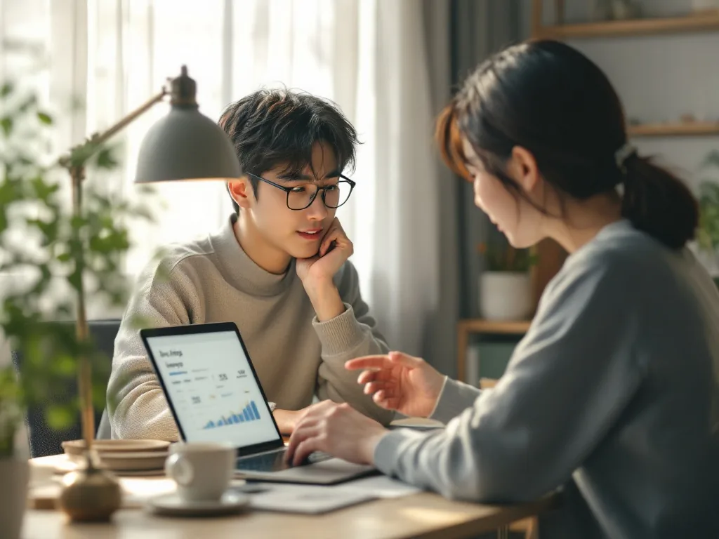 a young Korean adult sitting at a home desk comparing savings account options on a laptop, calm morning light, seen over the shoulder, editorial photography, photorealistic, no text
