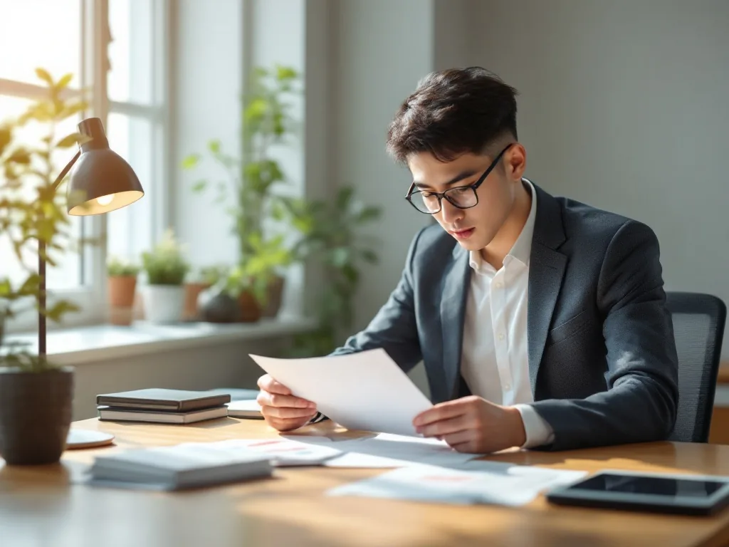 a young Korean office worker in smart casual clothes reviewing financial documents at a clean wooden desk, soft window light from the left, calm focused mood, over-the-shoulder editorial shot