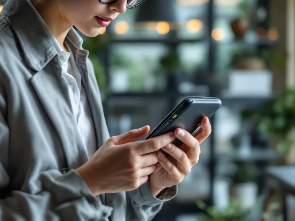 a young Korean professional in casual office wear checking a smartphone app with financial info, over-the-shoulder shot, soft indoor light, warm editorial photography