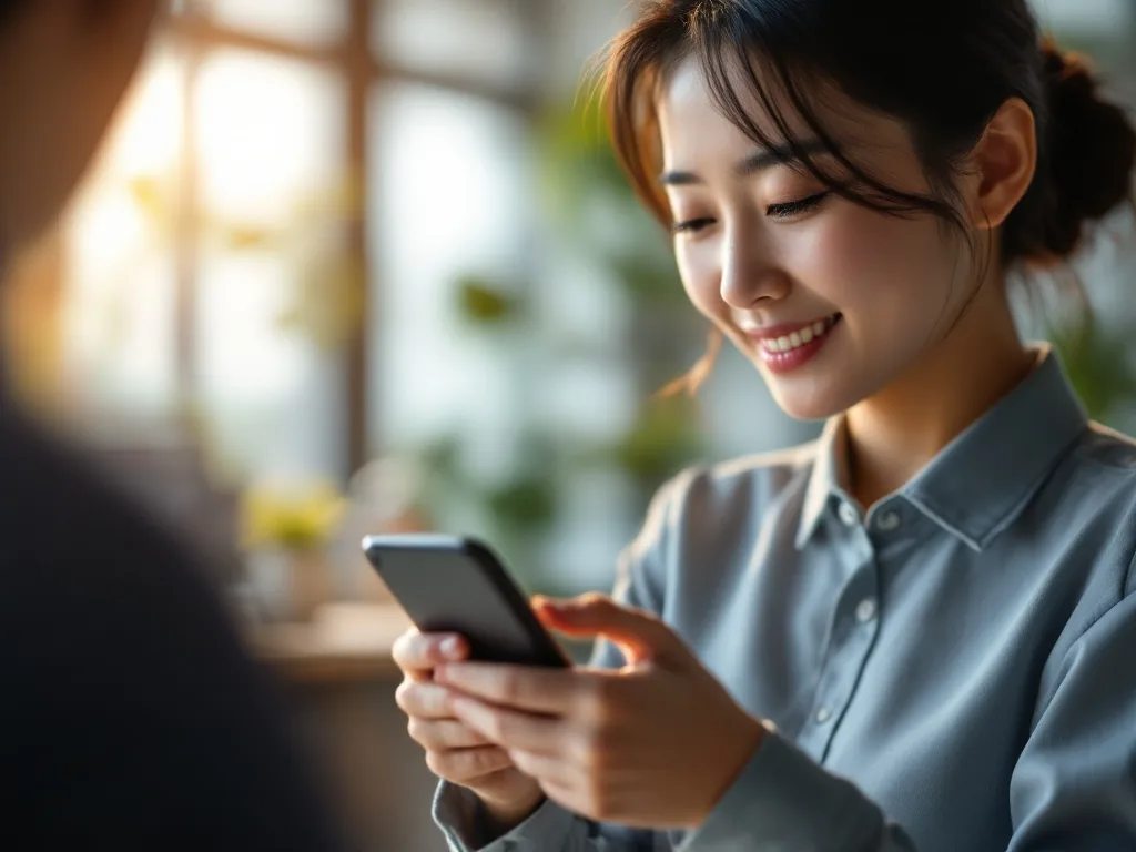 a young Korean professional in late 20s checking a banking savings app on smartphone, over-the-shoulder view, blurred modern office background, soft warm morning light, editorial lifestyle photography