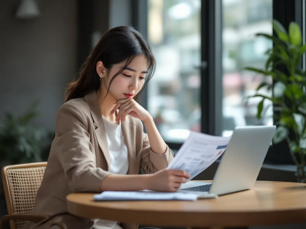 a young Korean woman in casual office attire sitting at a wooden cafe table, seriously reviewing financial documents on a laptop, thoughtful expression, window light, editorial documentary style