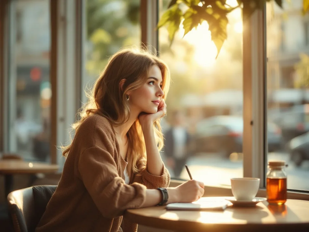 a young woman sitting at a bright cafe window with a coffee cup and a notebook, looking thoughtfully outside, golden afternoon light, calm hopeful mood, shallow depth of field, over-the-shoulder wide shot