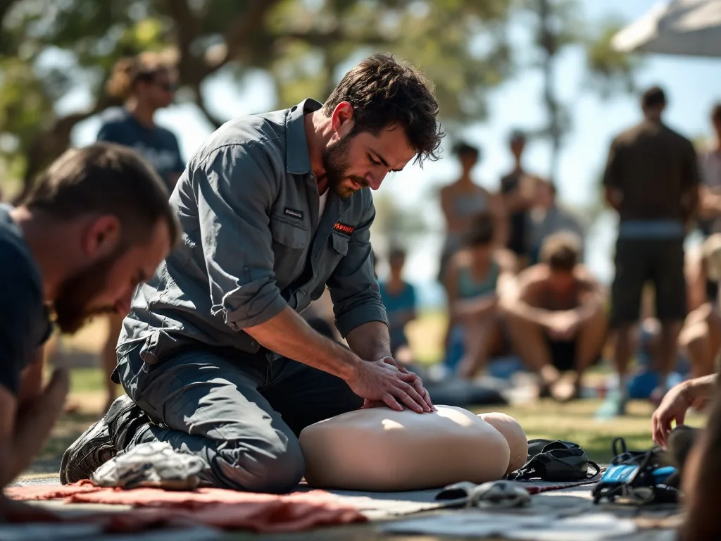an adult performing CPR demonstration on a mannequin outdoors at a public water safety education event, calm instructional setting, natural daylight, small group watching, educational documentary style