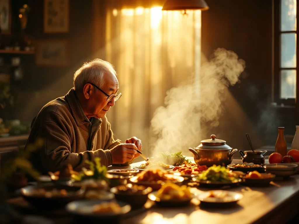 an elderly Korean man looking at a traditional Korean home-cooked meal spread on a wooden table, warm golden light, nostalgic mood, documentary photography