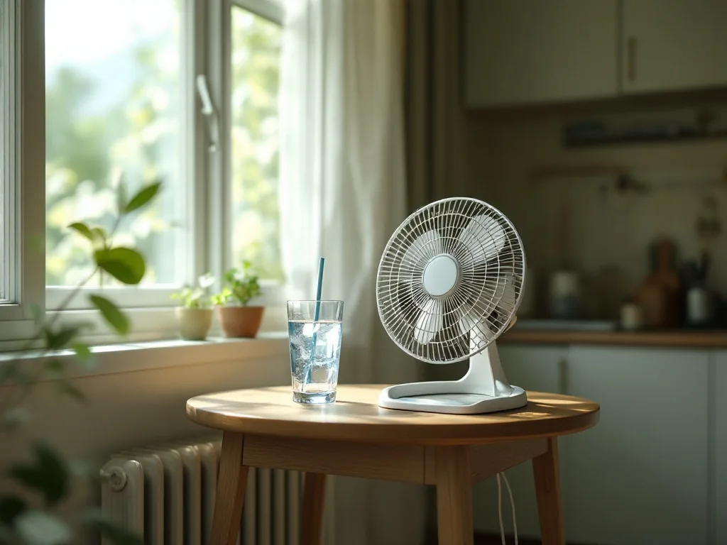 an electric fan and a glass of cold water on a small table in a modest Korean apartment during a hot summer afternoon, soft natural light through the window, no people