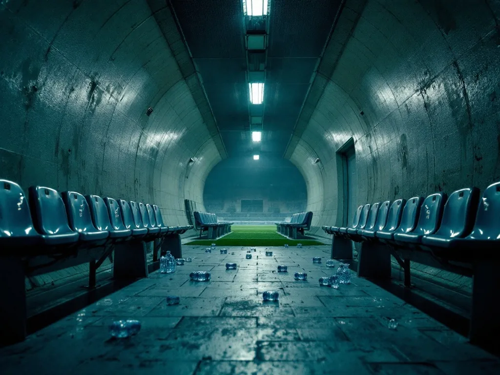an empty stadium tunnel and players bench after a football match at night, scattered water bottles, melancholic mood, editorial sports photography, no faces