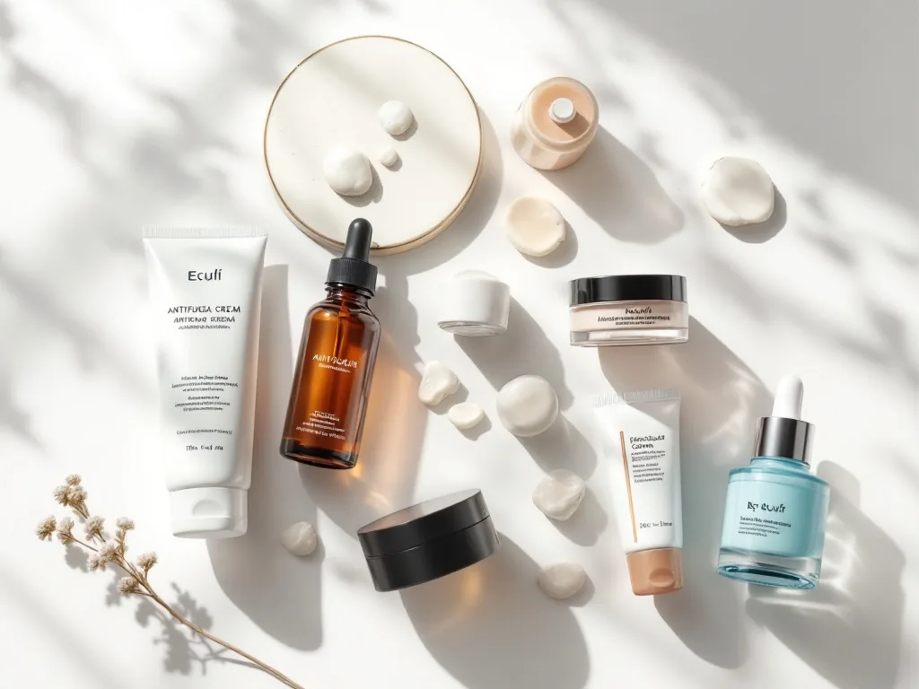 an organized flat lay of skincare products including antifungal cream tube and moisturizer on a white surface, soft studio light, product editorial photography, no text visible on packaging
