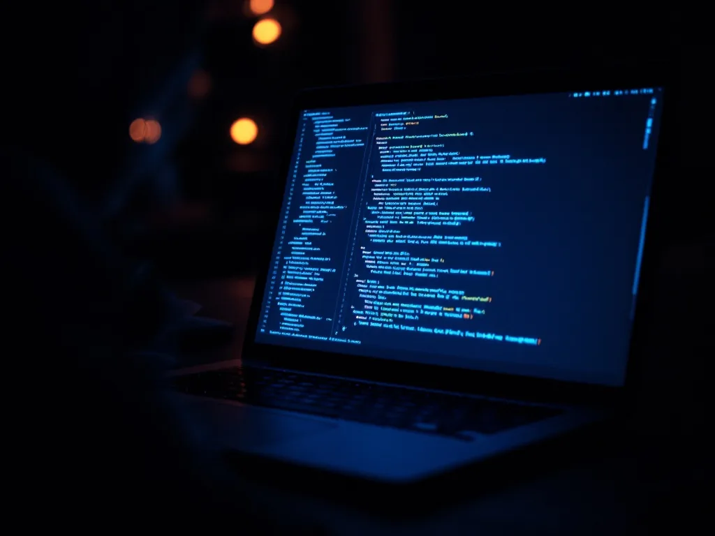 an over-the-shoulder view of a single laptop screen filled with lines of code in a dark room, blue screen glow, late-night atmosphere, no face, no readable text