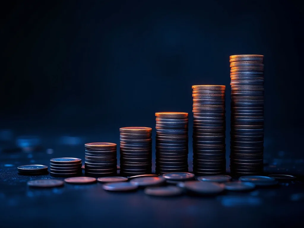 ascending stacks of coins rising like a bar chart on a dark surface with a faint upward glow, conceptual price increase, deep blue mood, no people, no text