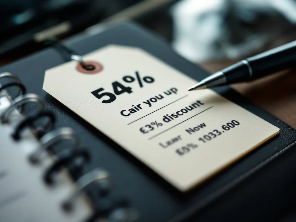 close-up of a car price tag with numbers showing discount calculation, notebook pen on side, soft office lighting, documentary photography
