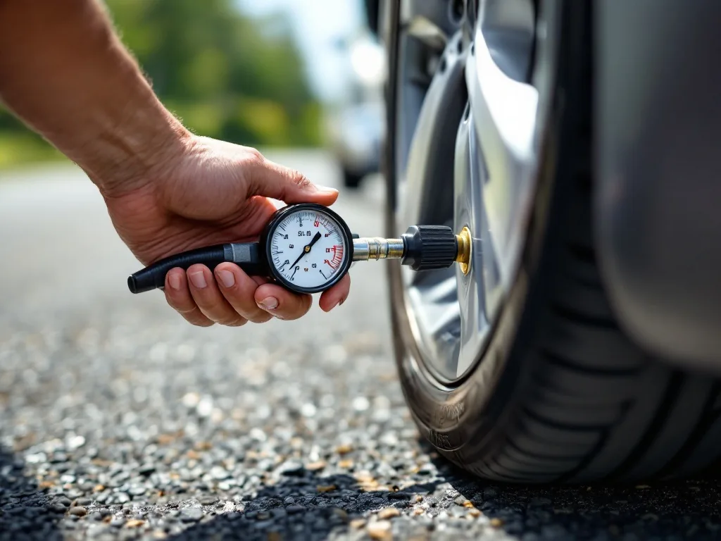 close-up of a hand pressing a tire pressure gauge onto a car tire valve in bright summer daylight on asphalt, editorial automotive maintenance photography, shallow depth of field