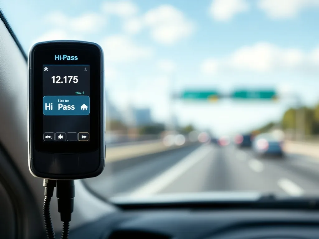 close-up of a hi-pass electronic toll device mounted on a car windshield with an expressway visible through the glass, daytime, editorial photography, photorealistic, no text