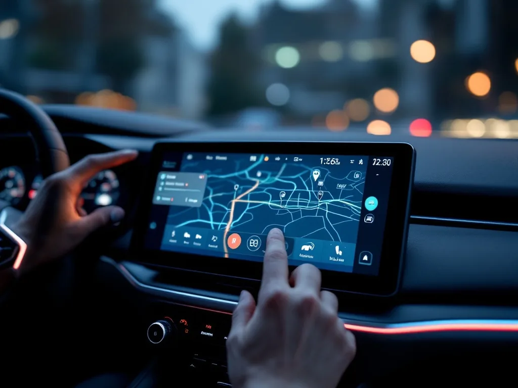 close-up of a modern car dashboard digital touchscreen showing navigation map, interior of a new SUV, soft interior lighting, editorial automotive detail photography