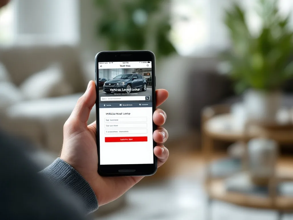 close-up of a person's hands holding a smartphone showing a vehicle recall lookup website, bright clean living room background, no face visible, realistic photo