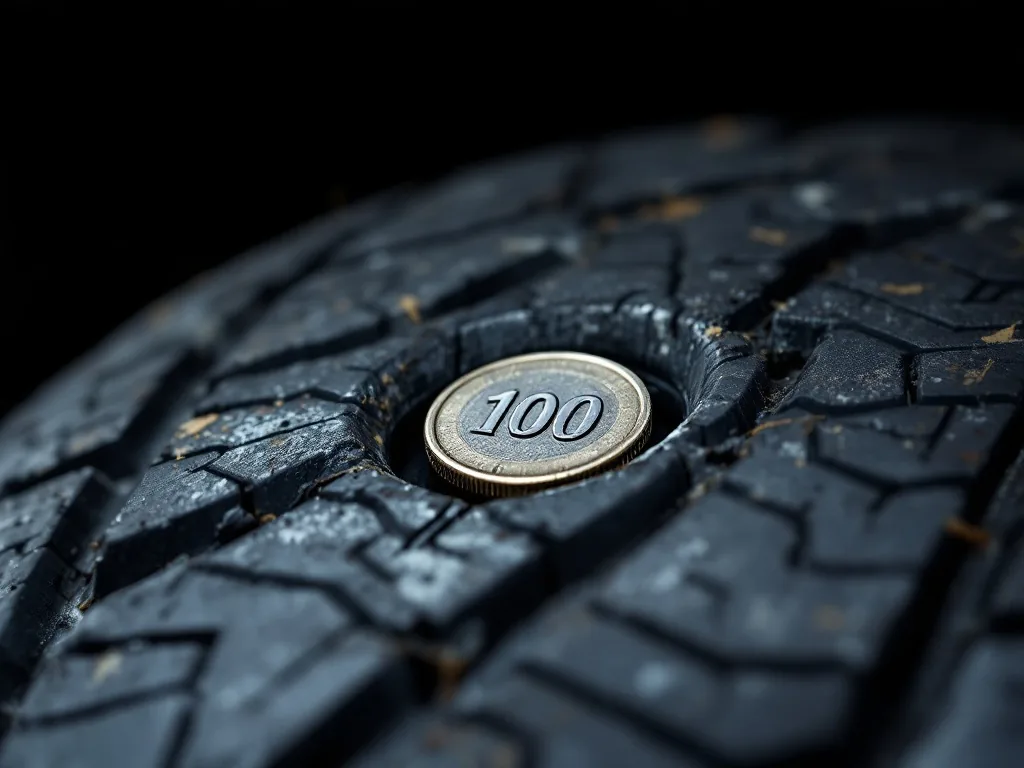 close-up of a worn tire tread with a Korean 100-won coin placed inside the groove to check wear depth, shallow depth of field, editorial automotive photography