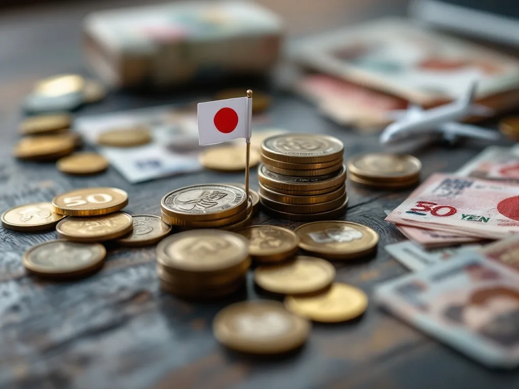 close-up of Japanese yen coins and bills on a dark wooden table with a small Japanese flag and airplane miniature, financial travel cost concept, studio lighting, shallow depth of field