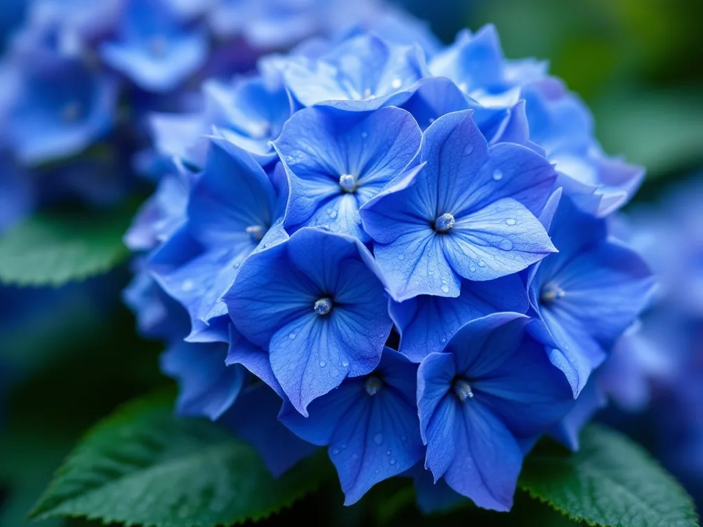 close-up of vivid blue hydrangea clusters glistening with water droplets after light rain, shallow depth of field, soft overcast light, rich color saturation, botanical photography feel