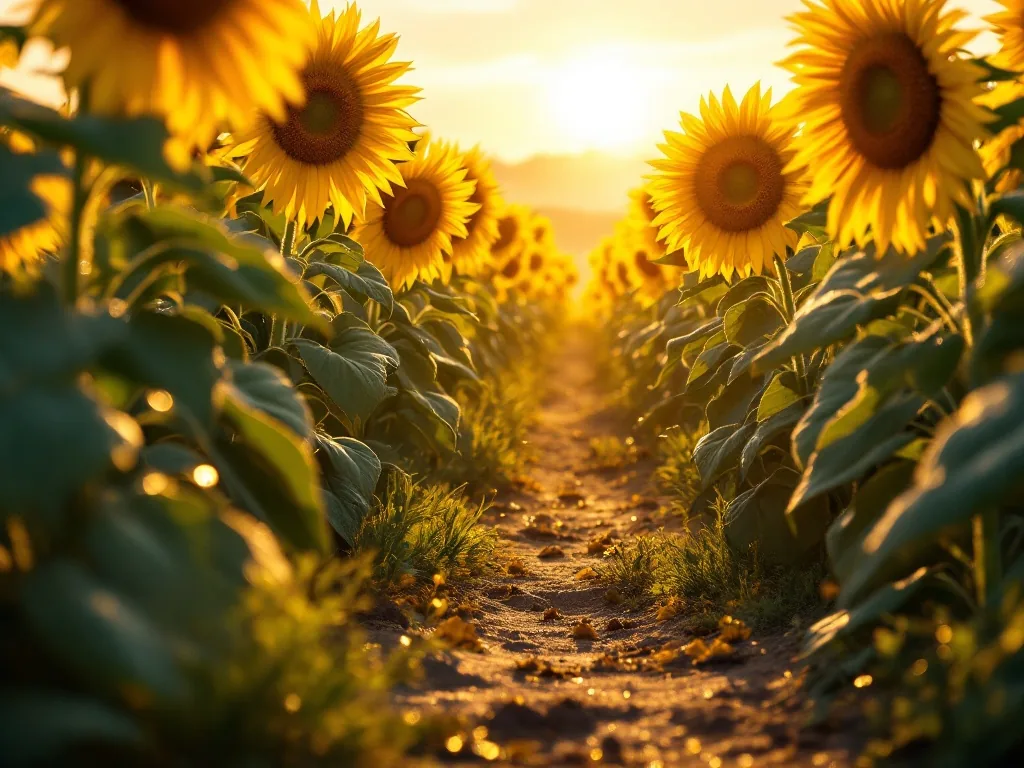 early morning sunflower field with soft golden hour light, dew drops on bright yellow petals, peaceful empty path between tall sunflowers, warm atmospheric travel photography