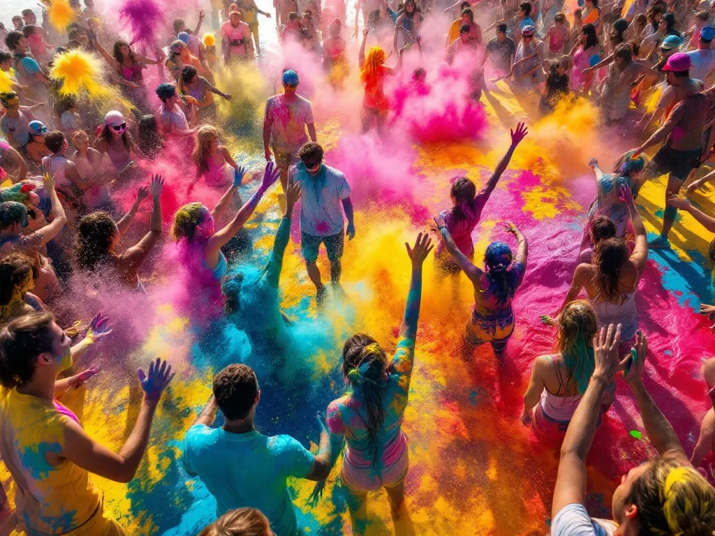 excited crowd splashing colorful mud at an outdoor beach festival in summer Korea, vibrant colors, aerial view, editorial travel photography