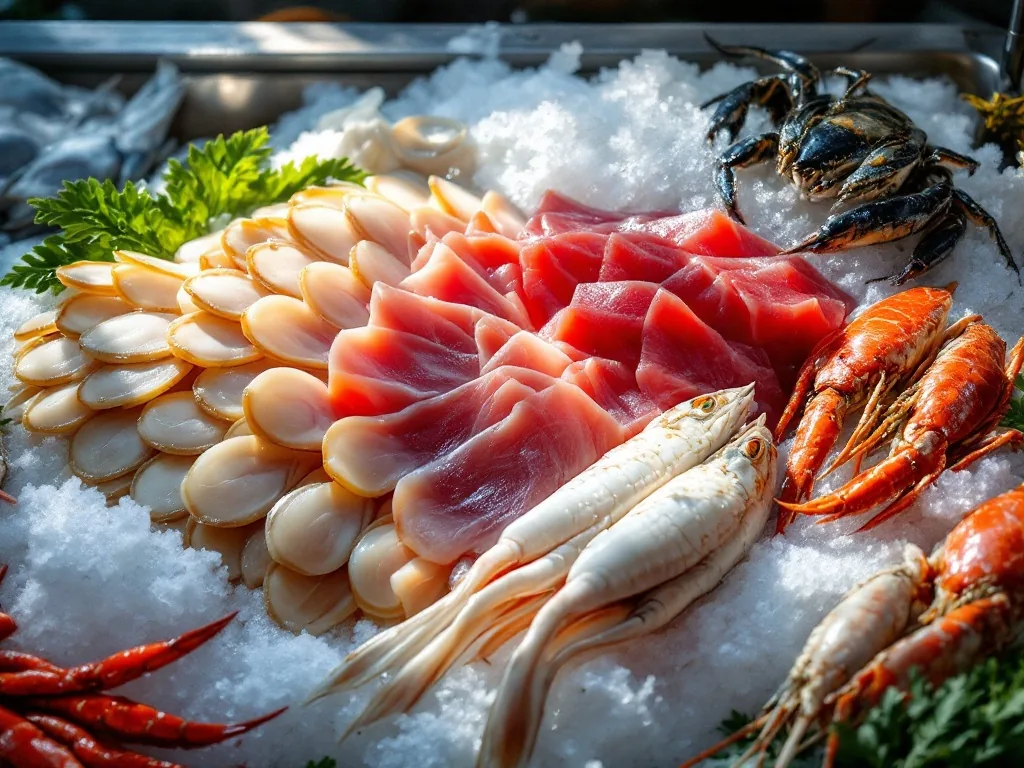 fresh abalone, tuna sashimi, and crab arranged on ice in a Korean seafood market stall, dramatic overhead shot, morning light
