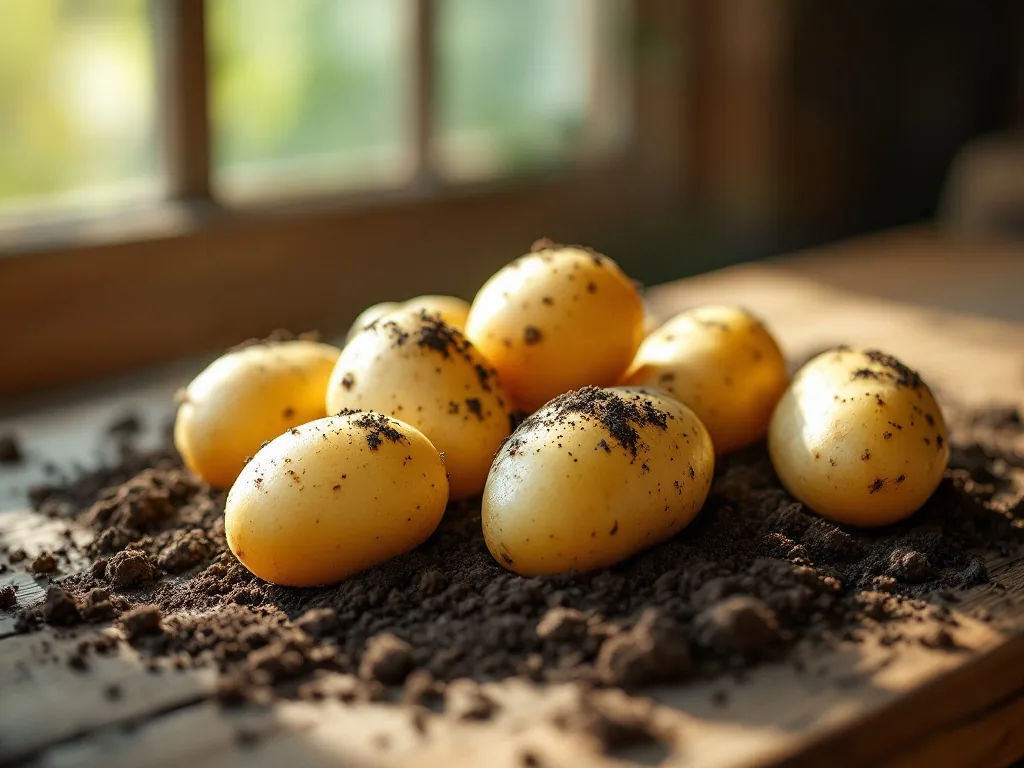 freshly dug new potatoes with soil on a wooden farm table, sunlight filtering through, rustic Korean countryside feel, editorial food photography