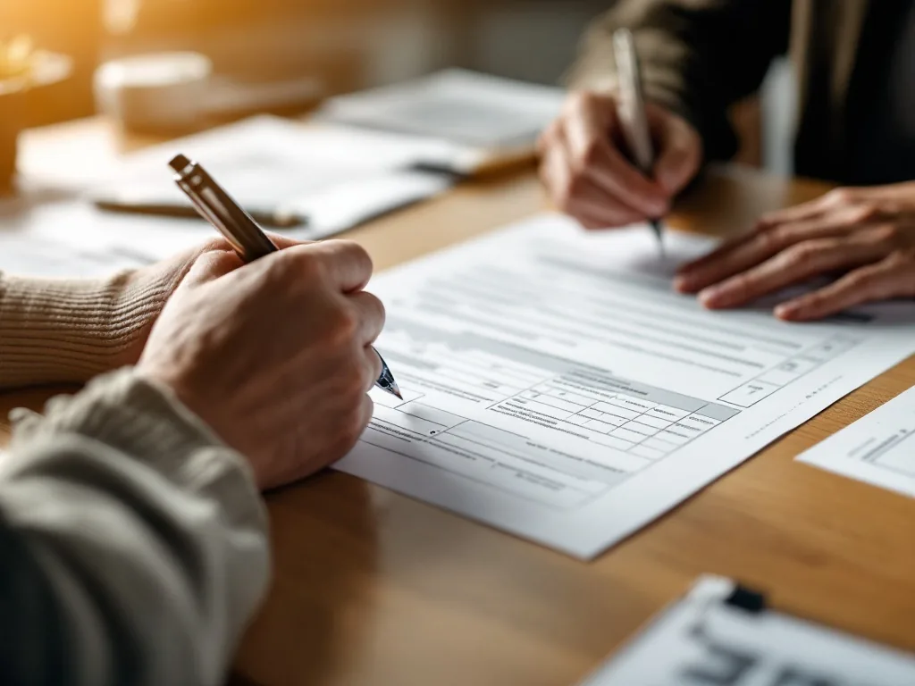 hands filling out a paper government application form at a community service center desk, official documents and a pen on the table, warm indoor light, close-up no faces