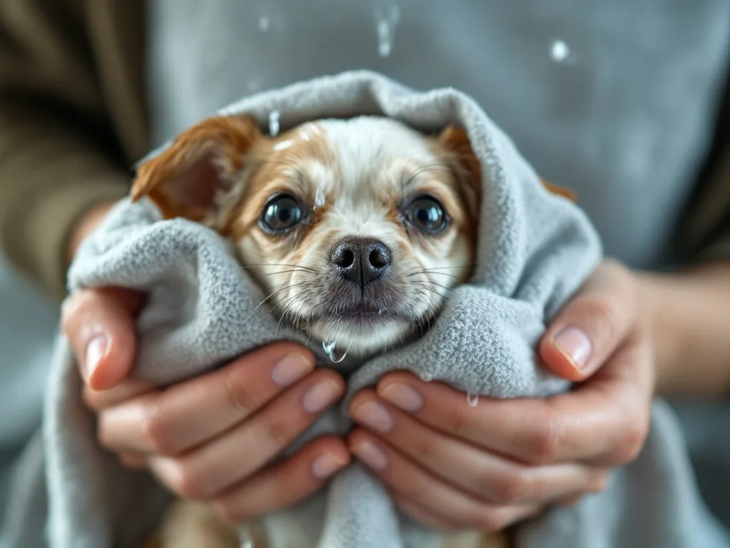 hands wrapping a wet towel around a small dog to cool it down with lukewarm water, calm careful mood, indoor soft light, close-up editorial pet photography