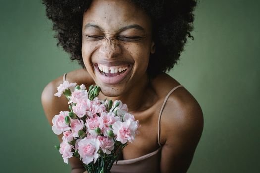 happy woman celebration joy lifestyle pink flowers