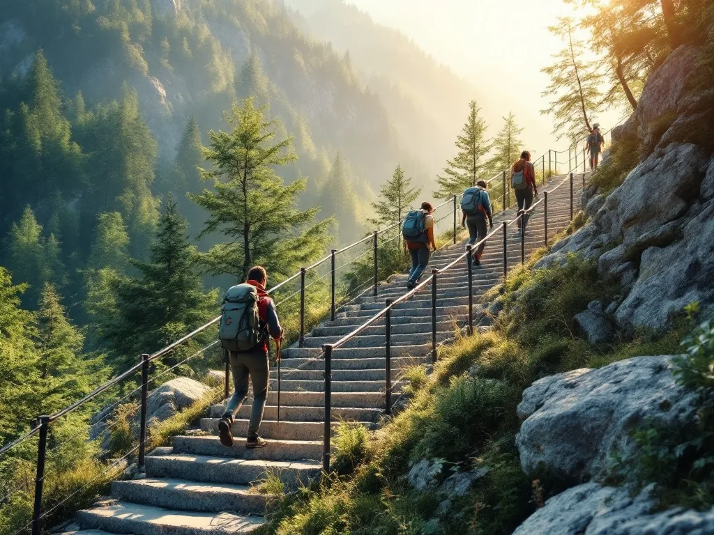 hikers climbing steep stone stairs on a mountain trail with metal railings in summer, green forest background, morning light, wide shot, travel photography