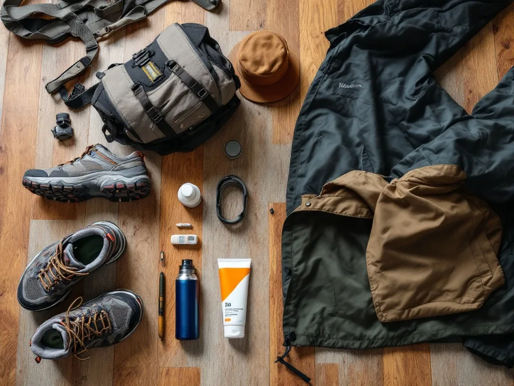 hiking gear laid out on a wooden floor including trail shoes, water bottle, sunscreen, windbreaker jacket, knee brace, editorial lifestyle photography