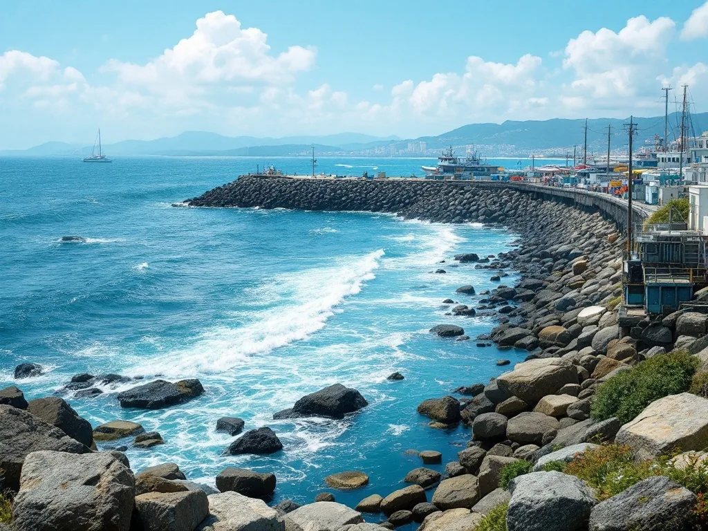 jumunjin fishing harbor and breakwater on the east coast of korea at midday, fresh seafood market, blue sea and waves, no people, editorial travel photography