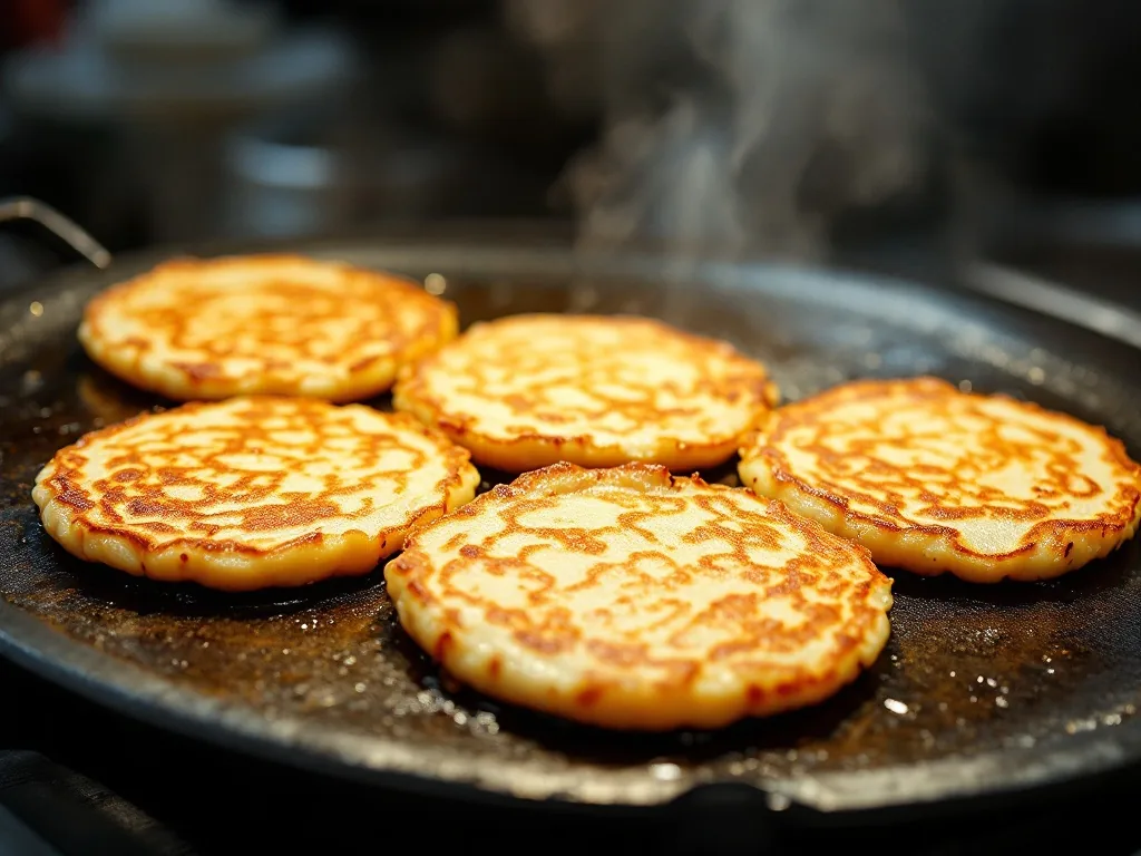 korean bindaetteok mung bean pancakes sizzling on a traditional iron griddle at Gwangjang Market, golden crispy edges, market stall atmosphere, soft overhead light, close-up editorial shot