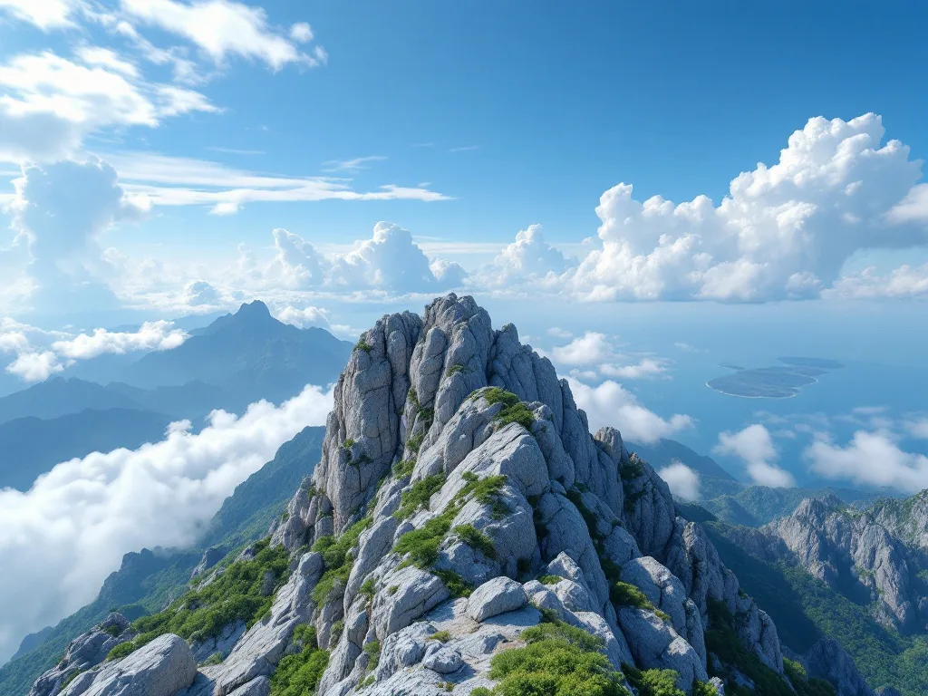 panoramic view from the top of a dramatic rocky mountain peak in Korea, summer sky with fluffy clouds, distant ocean visible, travel photography wide angle