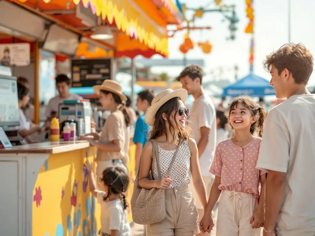 people standing in queue at a beach festival ticket booth in Korea, summer sunny day, cheerful families, soft natural light, editorial photography