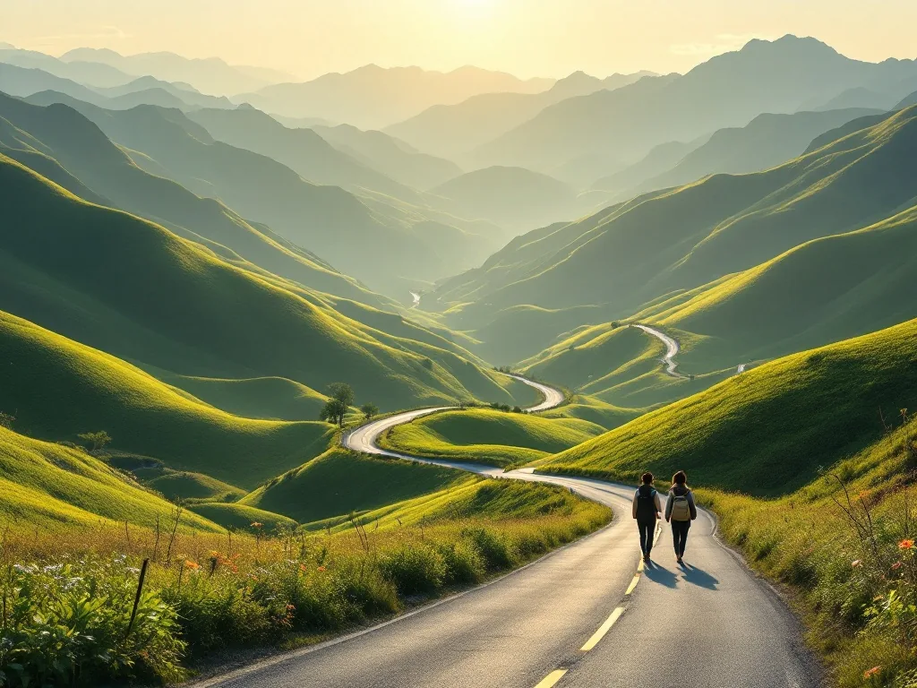 scenic Korean highland mountain valley road in summer, green rolling hills, late afternoon golden light, two travelers on a peaceful walk, editorial landscape photography wide shot