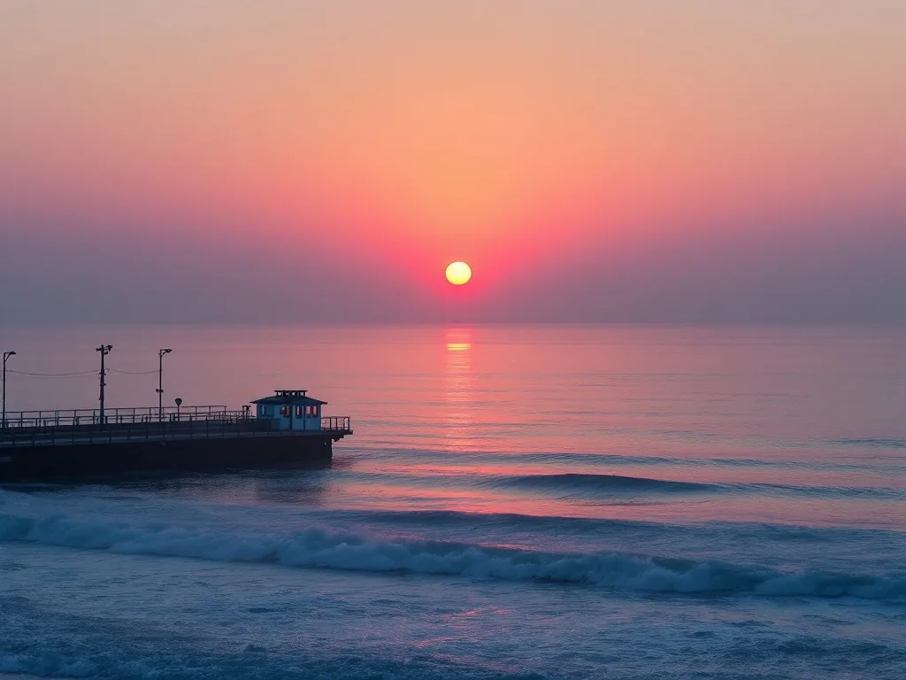 sunrise over the sea at jeongdongjin korea, red sun rising above the horizon, calm waves, small train station silhouette, serene morning mood, editorial photography