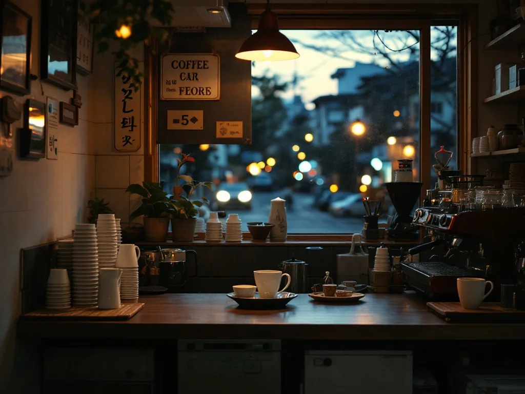 the interior of a small Korean neighborhood cafe at dusk, empty counter with a coffee machine and stacked cups, warm cozy light through the window, no text, quiet documentary editorial photography, wide shot