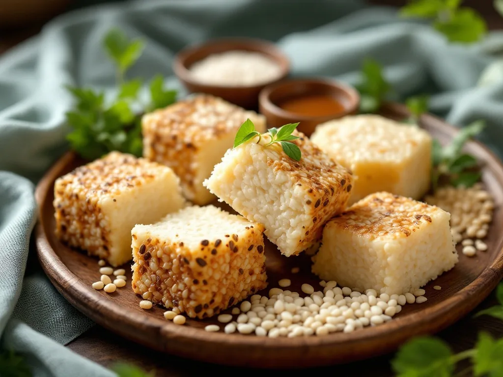 traditional Korean ssuriti rice cake and summer grains displayed on a wooden tray with green leaf garnish, soft natural light, heritage food photography