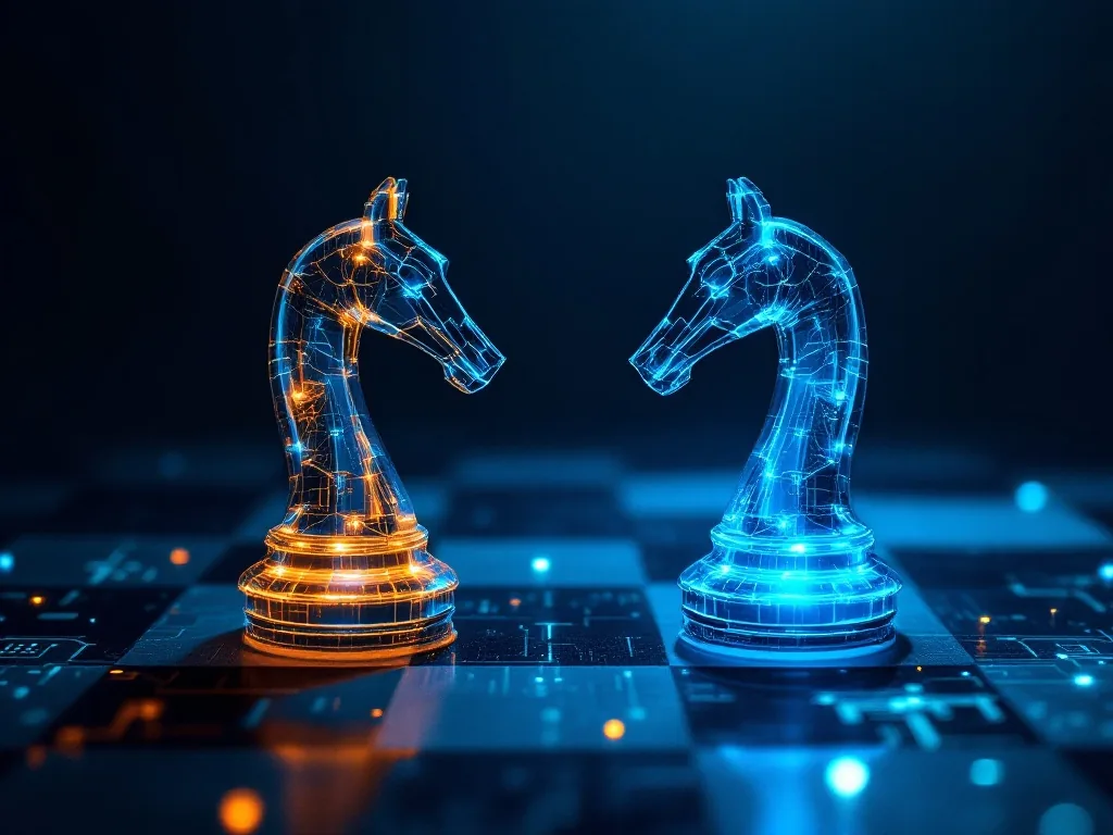 two glowing chess pieces facing off on a dark board with faint circuit patterns, conceptual tech rivalry, deep blue cinematic mood, no text