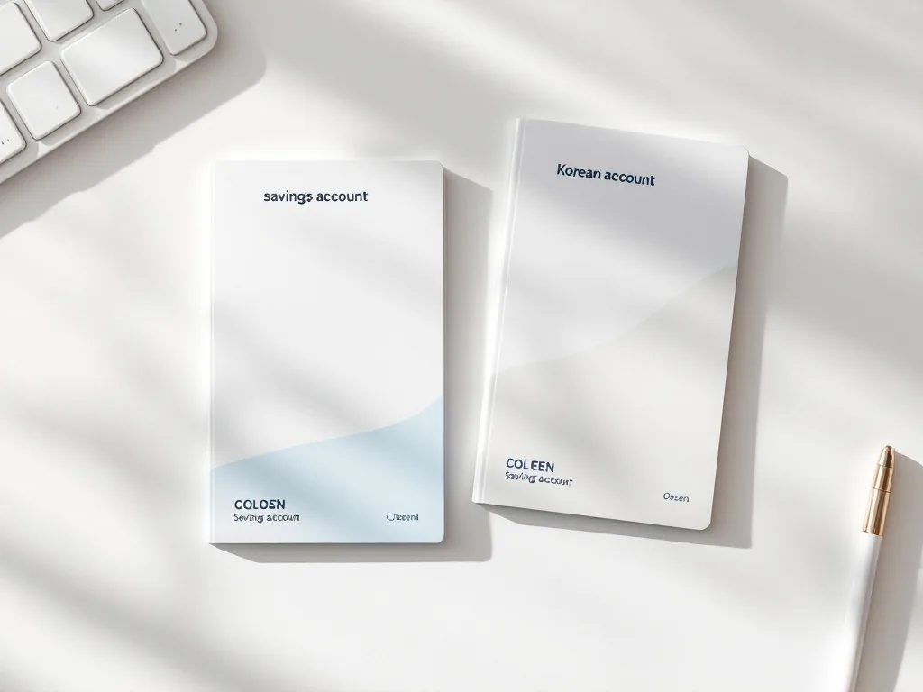 two Korean savings account booklets side by side on a clean white desk, one being closed and the other open, soft natural light, flat lay editorial photography