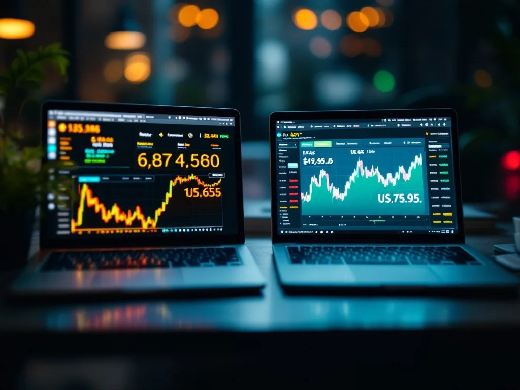 two laptop screens side by side comparing two cryptocurrency exchange price boards, korean won and us dollar prices, dim office light, no readable text, over-the-shoulder editorial photography