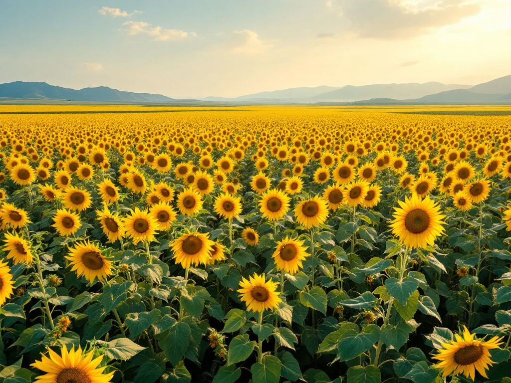 vast sunflower field stretching to horizon in a Korean highland plateau, rows of bright yellow sunflowers under clear summer sky, wide editorial travel photography, warm golden light